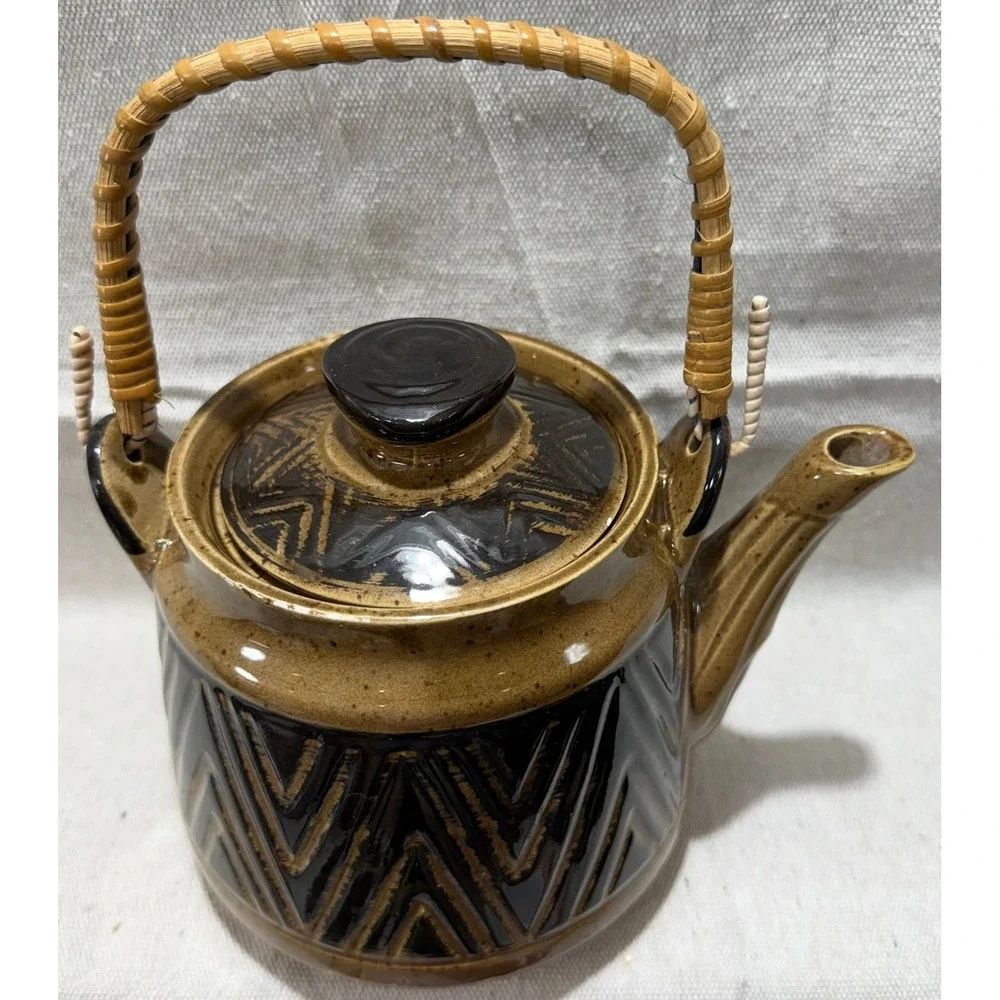 Vintage Japanese Ceramic Teapot Woven Bamboo Handle Brown Geometric MCM Japan
